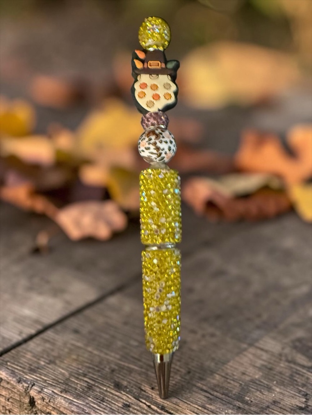 Yellow Autumn Gnome Crystal Beaded Desk Pen with Decorative Beads